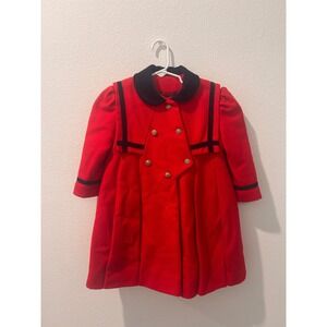 Vintage Rothschild Girls Red Wool Sailor Coat Velvet Trim Bow Gold Buttons